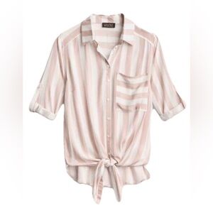 VIXBE | Women's L Striped Blush and White Button-up Tie Front Top